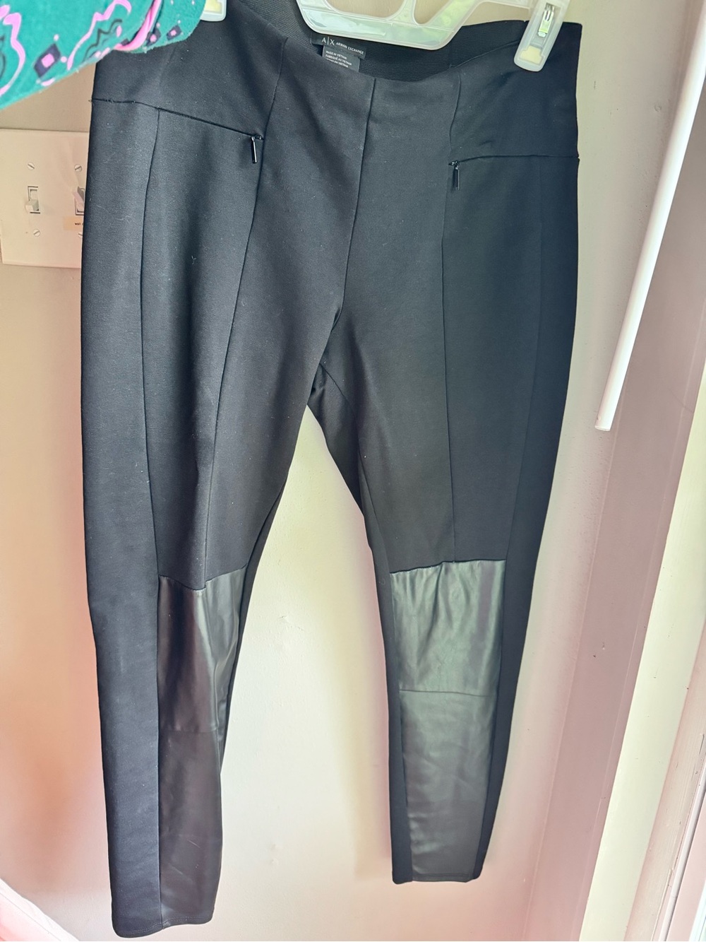 Armani Exchange Black Skinny Ponte Leggings with Faux-Leather Knee Panels